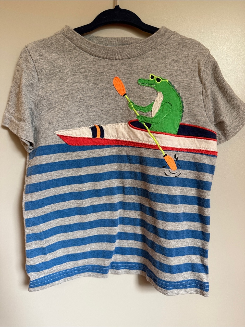 Mini Boden Grey & Blue Striped Tee with Green Crocodile Kayaker